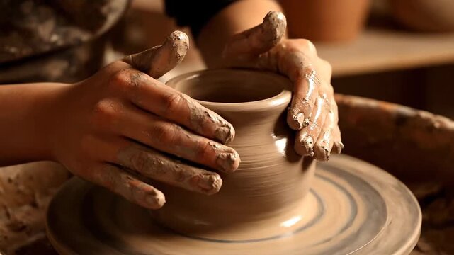 Hands shaping clay on a pottery wheel, crafting ceramics with art. Creative process of pottery making on wheel, handcrafted product.