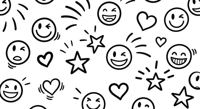 Cheerful Hand Drawn Smiley Faces and Stars Pattern emoji happy doodle, sketch, drawing, illustration, graphic, design