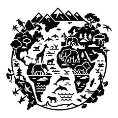 Black Silhouette Earth with Diverse Wildlife and Landscapes