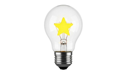 Light bulb with yellow star filament isolated PNG, creative idea and innovation concept on transparent background