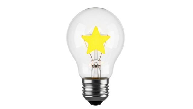 Light bulb with yellow star filament isolated PNG, creative idea and innovation concept on transparent background - Powered by Adobe
