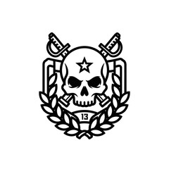 Obraz premium Emblematic skull illustration with crossed swords and laurel wreath symbolism design