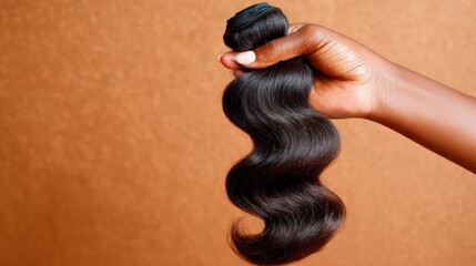 Hand holding a wavy hair extension against a plain background