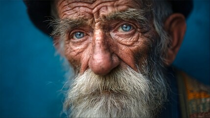 A weathered face with deep-set blue eyes and a long white beard captures the essence of age and wisdom, showcasing the beauty of human experience against a contrasting backdrop.