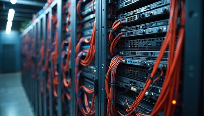 Rows of computer servers are organized in a data center. Red and blue cables connect equipment in server racks. This infrastructure houses digital information and provides network service.