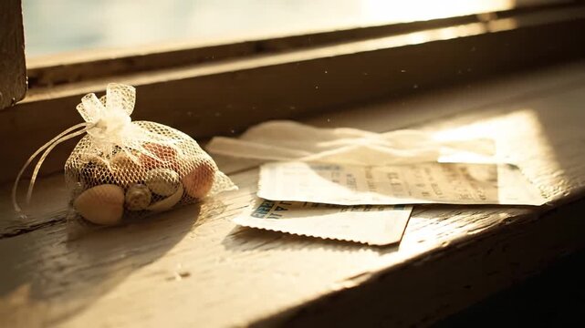 Two old tickets on rustic windowsill with sunlight, ticket stub memories
