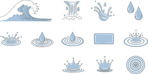 Ocean Wave Waterfall Water Drop Splash Ripple Crown Icon Set Vector Illustration, Natural Liquid Motion Symbol Collection for Graphic Design, Clean Nature and Refreshment Element.