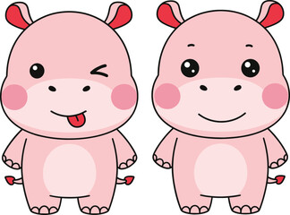 Cute hippopotamus cartoon character set with happy and winking expressions, adorable baby animal vector illustration