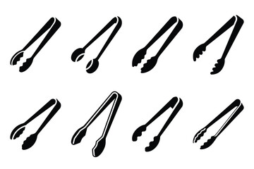 Set of Minimalist black sugar tongs kitchen tool silhouette icon set