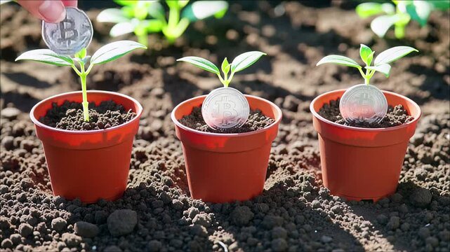Three young green seedlings growing in small terracotta colored plastic pots set in dark soil