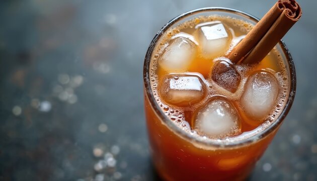 Refreshing iced chai tea in glass with cinnamon stick. Cold drink includes ice cubes, condensation. Ideal for cafes menus, summer drink promotions. Perfect addition to culinary blog recipe articles.