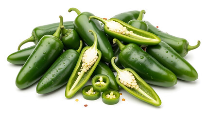Vibrant green jalape&ntilde;o peppers, whole and freshly sliced, showcasing their crisp texture and spicy seeds, ready for culinary creation on a clean white background
