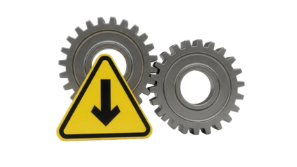 Interlocking gears with downward arrow warning sign isolated PNG, industrial safety concept on transparent background