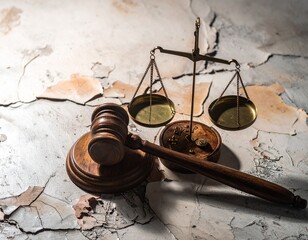 A gavel and scales placed near a cracked surface, depicting justice, conflict, and societal imbalance.