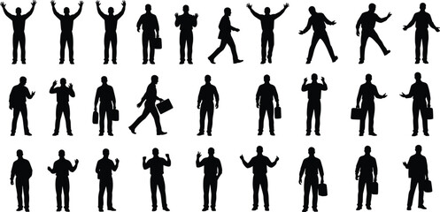 Professional businessman silhouette collection, diverse poses, full body black shadow figures, dynamic actions, standing, walking, celebrating, success, achievement, corporate vector graphics, 