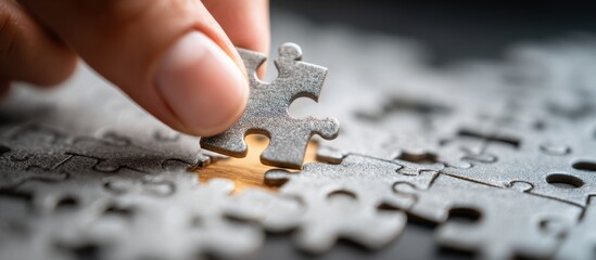 Hand Placing Last Puzzle Piece in Incomplete Jigsaw on Wooden Surface, Symbolizing Problem Solving and Teamwork