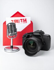 A microphone and camera beside a &ldquo;TRUTH&rdquo; card, symbolizing journalism, credibility, and media integrity.