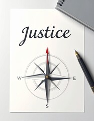 A compass marked &ldquo;Justice&rdquo; pointing toward fairness, symbolizing moral direction and legal integrity.