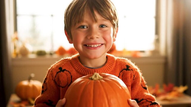 Happy little boy smiling widely while holding a bright orange pumpkin celebrating autumn and Halloween