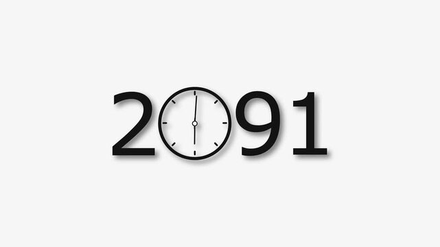 2091 Year clock animation on white background. Digital clock icon and calendar icon concept 4k video.