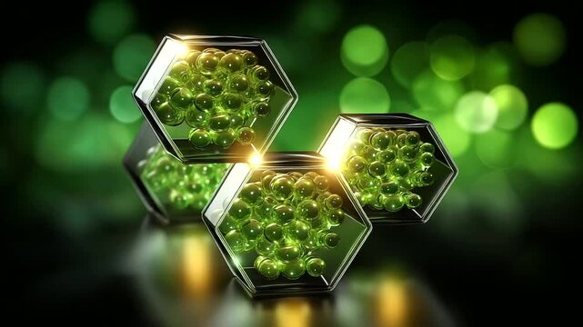 Pentagon molecule beautiful, dots filled inside, bright green solid, background soothing display, geometric chemistry visualization, scientific pattern concept, molecular structure