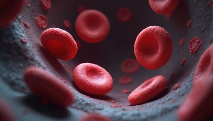 Close-up view of red blood cells flowing through blood vessel. These erythrocytes carry oxygen throughout body. Abnormal shapes suggest medical conditions like sickle cell anemia, impacting health.