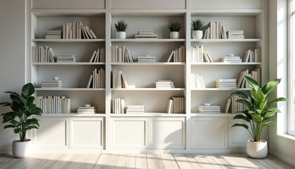 Fototapeta premium Clean white bookshelves filled with books and potted plants. Natural light streams through a nearby window, illuminating the organized shelves and wooden floor creating a serene atmosphere.