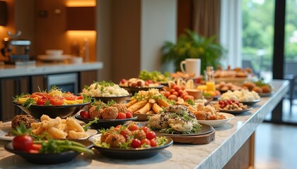 Obraz premium Various food items served buffet style at a luxury resort. Includes fresh salads, pastries, fruits, and hot dishes. Perfect for vacation or hotel dining visuals.