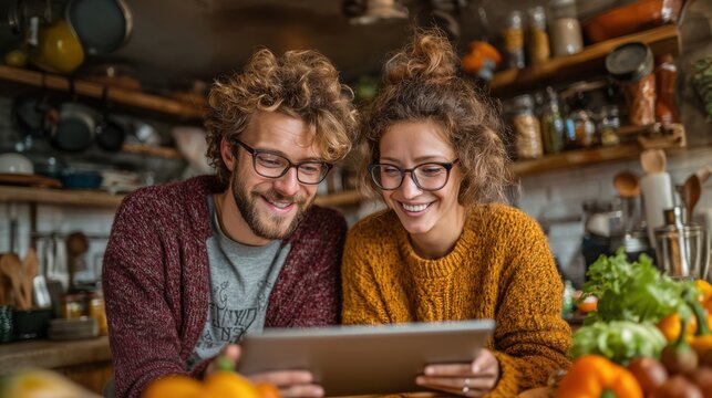 Happy Couple Enjoying Cooking Together in Cozy Kitchen with Fresh Vegetables and Digital Tablet - Powered by Adobe