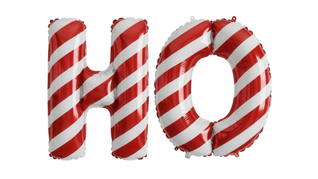 Red and white striped candy cane HO balloons isolated PNG, festive holiday decoration for Christmas and New Year s Eve celebrations - Powered by Adobe
