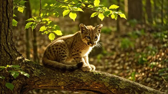 Adorable young bobcat kitten sitting on tree branch with sunlight in lush green forest habitat environment