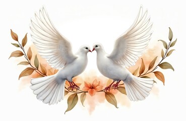 Obraz premium Watercolor illustration featuring two white doves in embrace on white background. Illustration designed for wedding invitations greeting cards. Dove represents love peace harmony. Commitment unity.