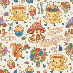 A whimsical seamless pattern with cute teacup cupcake cookie mushroom house squirrel sugar cube floral doodle pastel color playful charm cozy tea party vibe