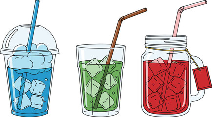 Cute iced drink illustrations set with takeaway cup glass tumbler and mason jar in hand drawn vector style