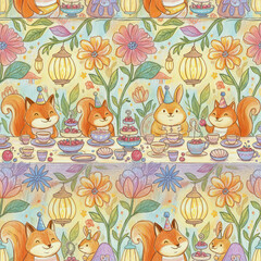 A cheerful woodland party pattern cute squirrel rabbit tea cupcake floral pastel seamless whimsical lantern
