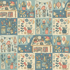 A playful seamless pattern hand drawn doodle cozy craft studio cute cat art supplies pastel color whimsical design vintage style decorative wallpaper children room decor. playful seamless pattern
