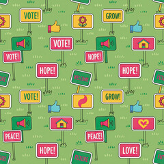 A green background seamless pattern protest sign vote hope peace love welcome grow future thumbs up cheerful seamless pattern with protest sign green background featuring vote hope peace love
