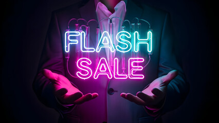 Neon Flash Sale Sign Held by Man
