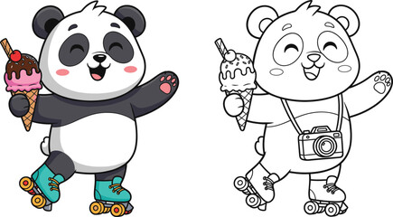Cute panda cartoon character set skating with ice cream, colored and outline versions for kids vector illustration © Sumon Creative
