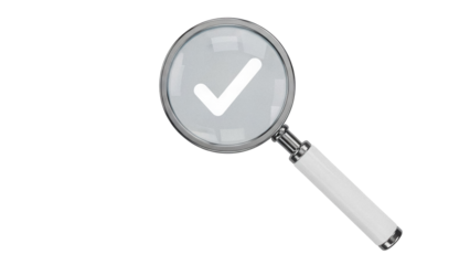 Magnifying glass with check mark PNG isolated on transparent background, symbol of approval and verification for design projects