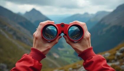 Person holds red binoculars observing valley view with mountains. Hands look through optics exploring landscape. Traveler uses zoom lens for outdoor adventure trip. Man explores nature spies in