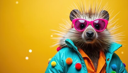 Porcupine wears sunglasses and puffy jacket with pom poms. Animal poses for fun fashion ad. Bright background allows copy space for party invites or birthday banners.
