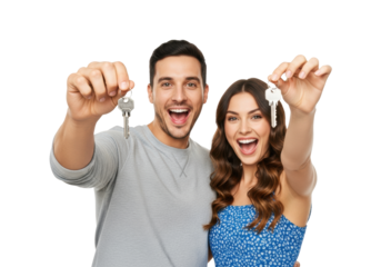 mid-20s caucasian couple, smiling ecstatically in a bright studio, jointly holding modern silver house keys elevated against a transparent background with copy space. concept of real estate triumph