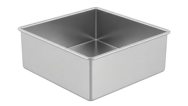 Square metal baking pan isolated PNG, silver cake tin for oven cooking and homemade desserts on transparent background