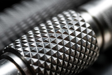 Close up macro photograph of a textured metallic knurled grip on a mechanical component showcasing intricate geometric patterns and industrial design elements