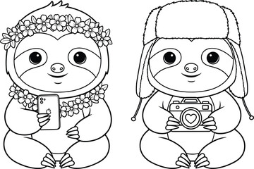 Cute sloth cartoon outline character set with phone and camera, adorable animal coloring page vector illustration