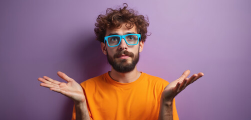 Young man with curly hair, beard wears bright blue eyeglasses, orange t shirt. He raises hands in confusion or questioning gesture against purple wall backdrop. Person looks puzzled about choice.
