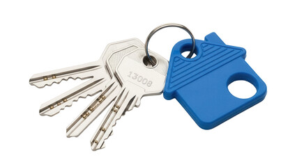 Set of three silver keys with blue house shaped keychain isolated PNG, home security and real estate concept on transparent background