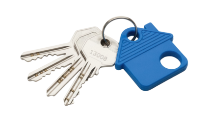 Set of three silver keys with blue house shaped keychain isolated PNG, home security and real estate concept on transparent background