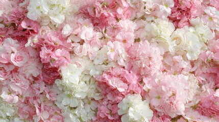 Wall of pink and white flowers displayed at a spring event or festival